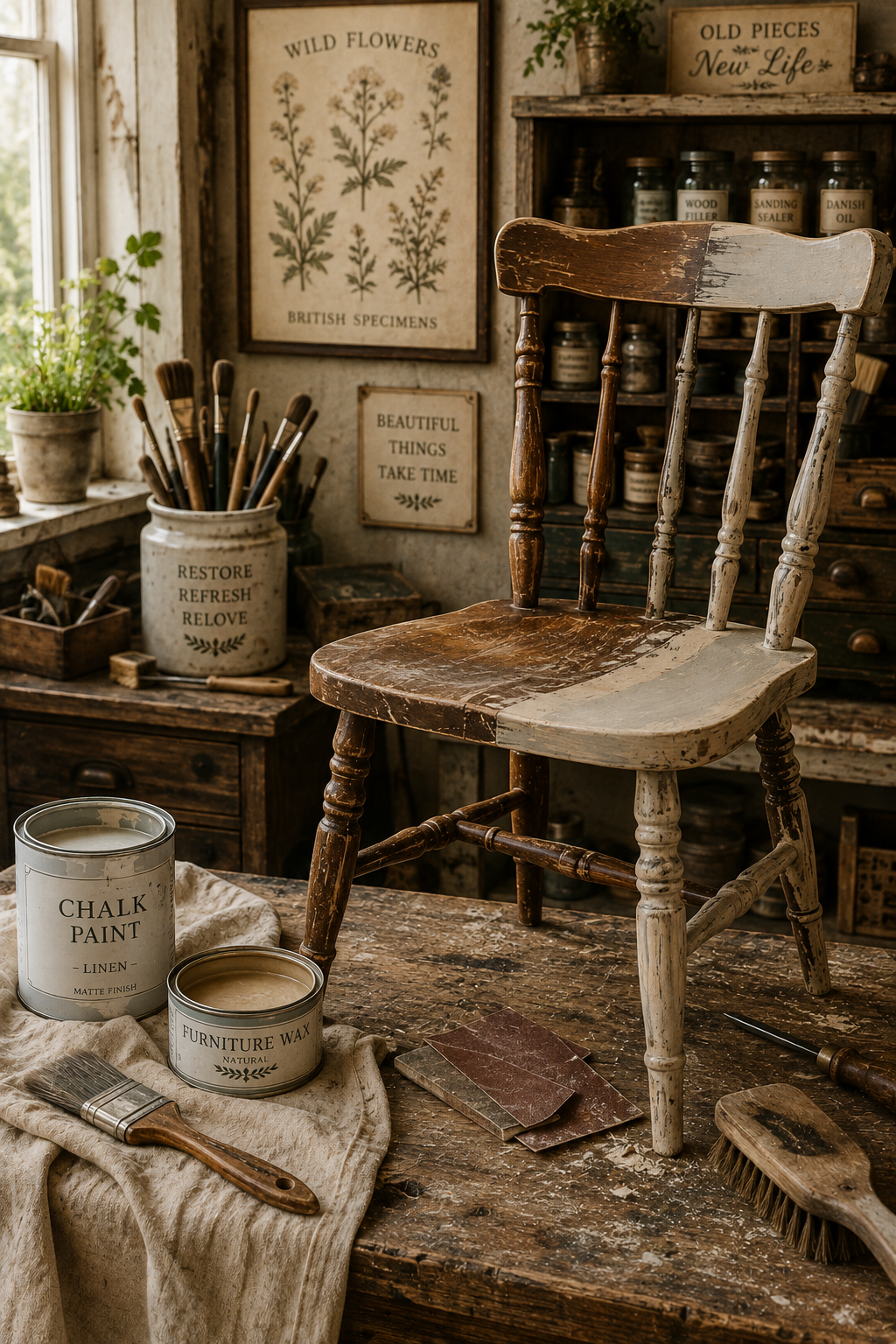 Vintage furniture restoration workshop with a partially refinished wooden chair, chalk paint, wax, brushes, sandpaper and hand tools.