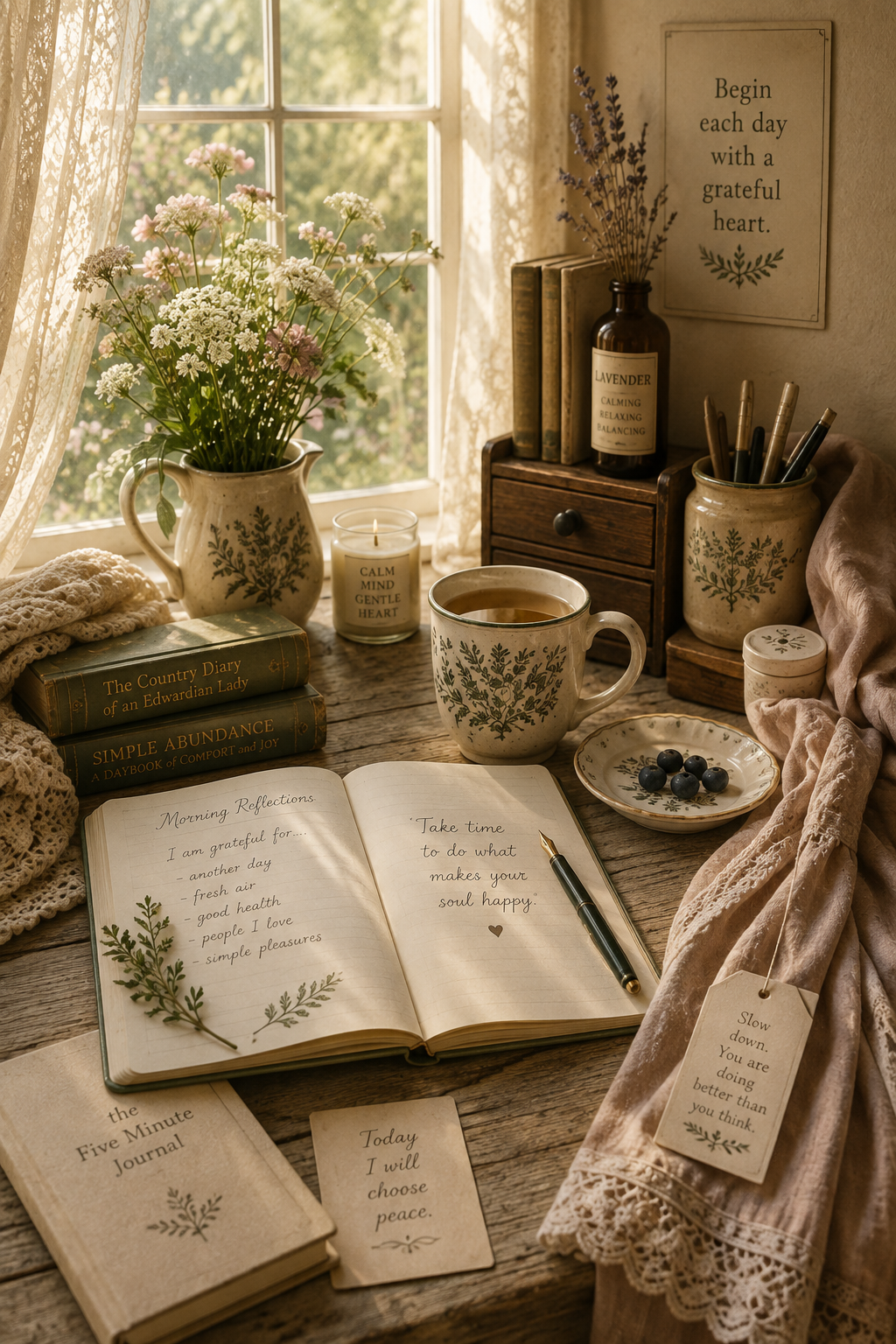 Gentle morning ritual with tea, journal, fountain pen, lavender, candle and fresh flowers beside a sunlit cottage window.