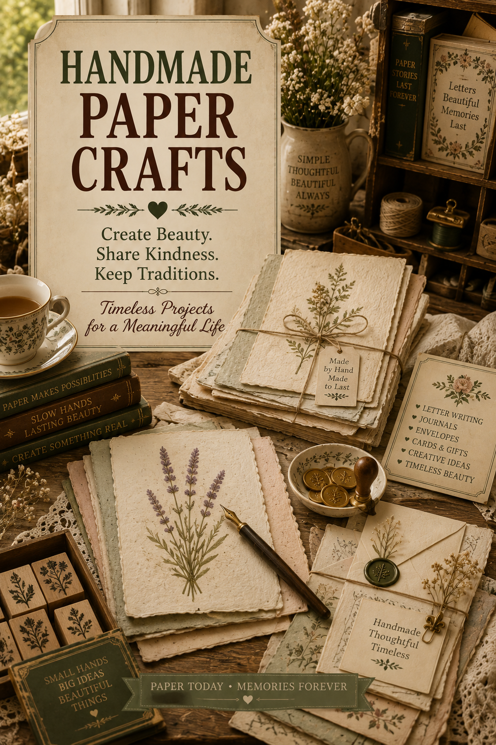 Handmade paper crafts arranged on a vintage desk with deckled paper, botanical stationery, wax seals, calligraphy pens, twine and dried flowers.