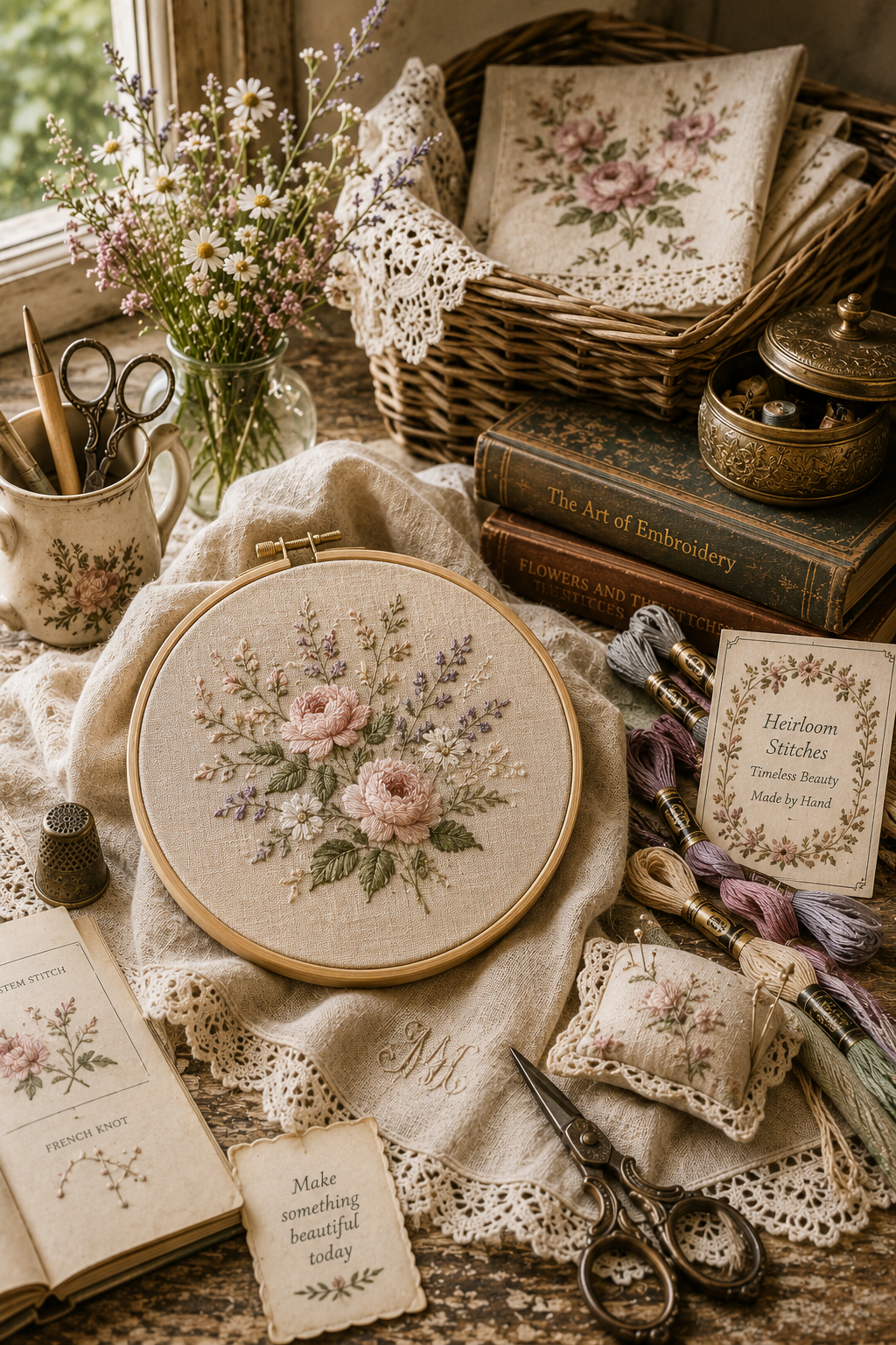 Vintage embroidery scene with a floral needlework hoop, linen, embroidery thread, ornate scissors, thimble, lace and antique craft books.