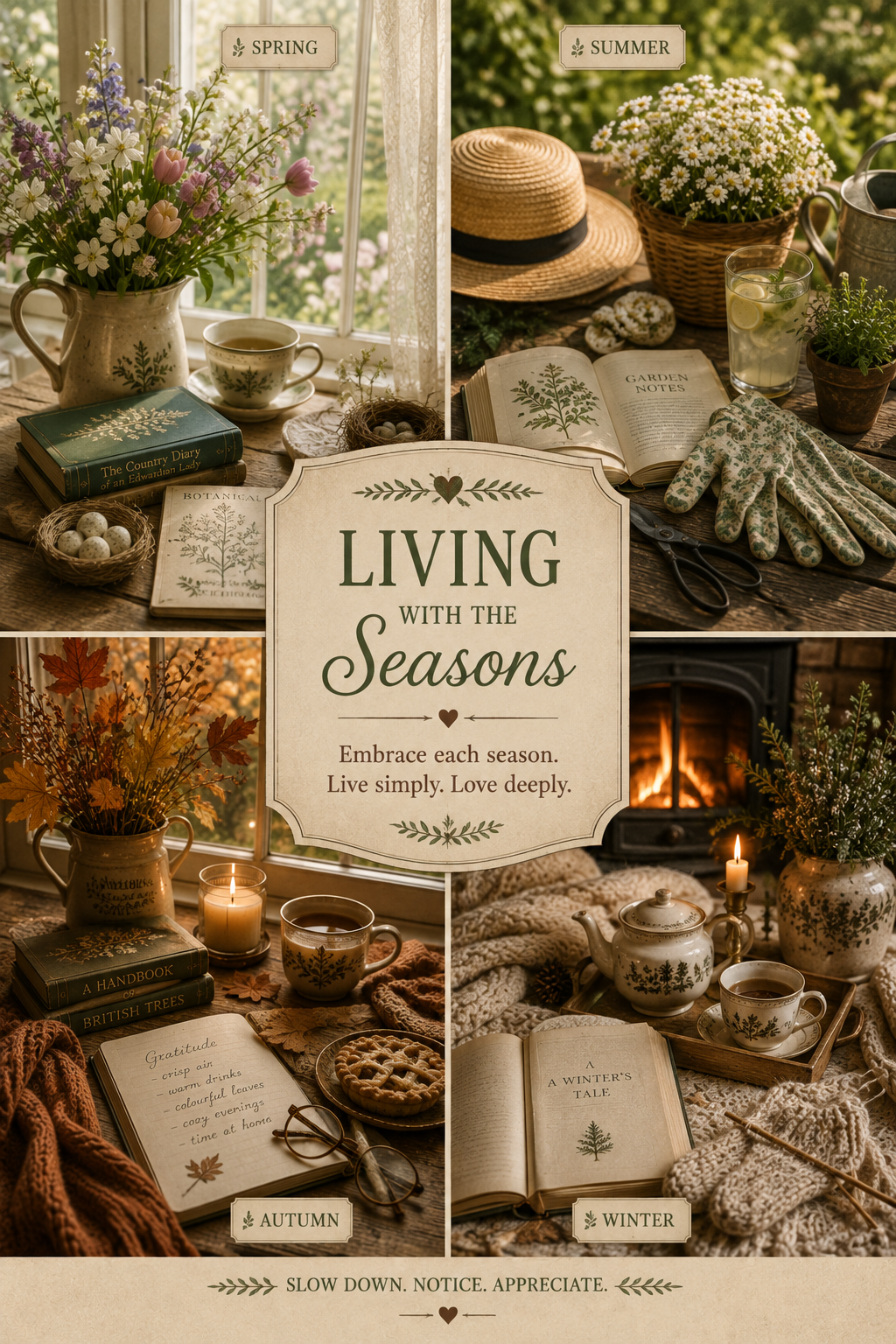 Four-season slow living collage with spring flowers, summer gardening, autumn tea and winter reading beside a fire.
