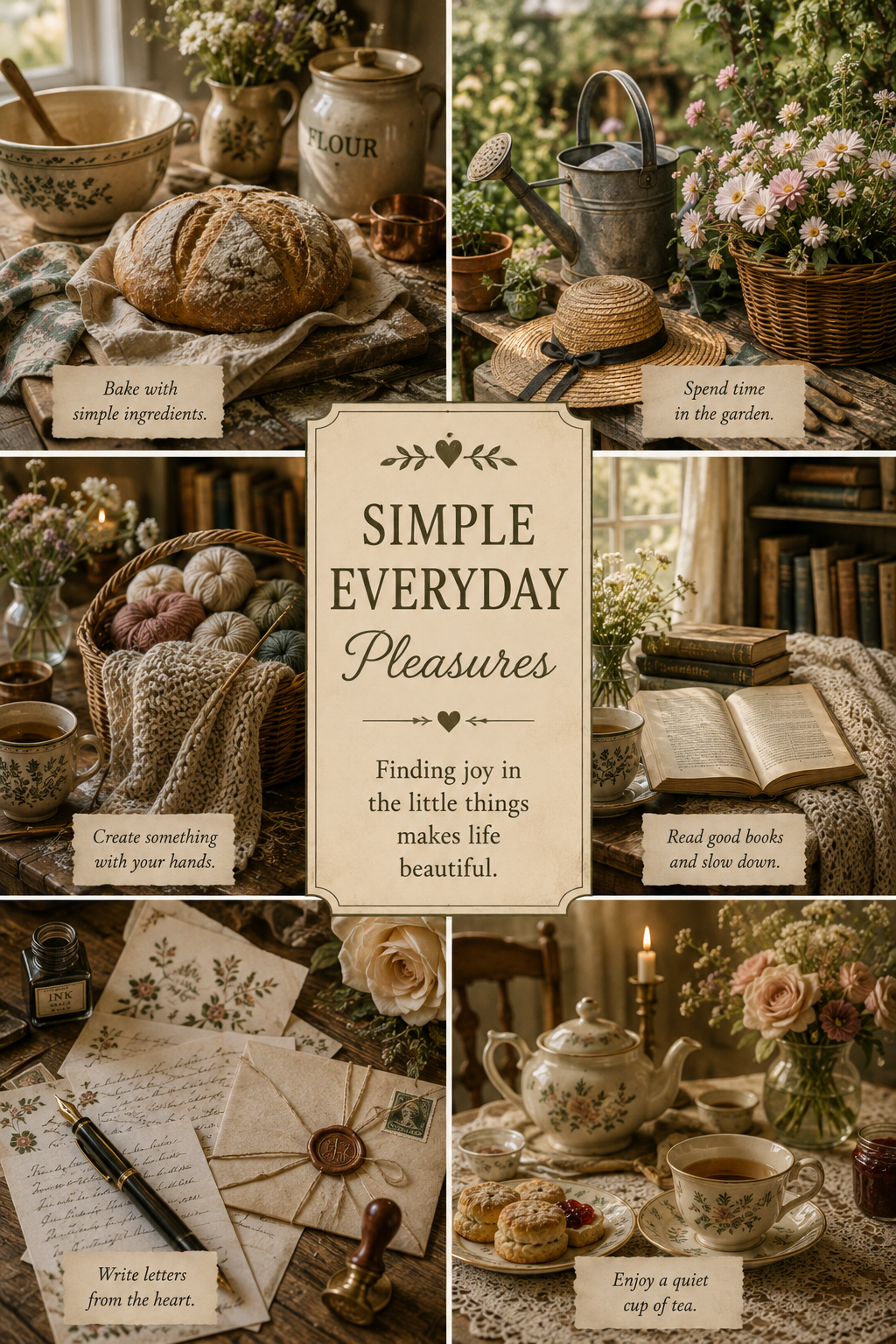 Slow living collage featuring homemade bread, gardening, knitting, reading, handwritten letters and an afternoon cup of tea.