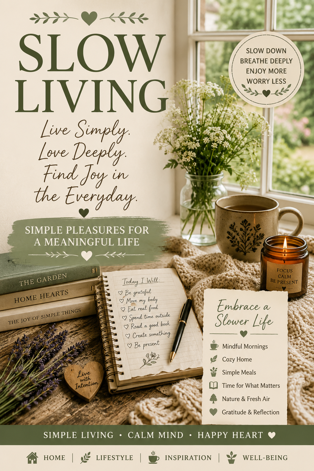 Slow living scene with tea, journal, books, flowers, lavender, candlelight and a soft knitted blanket beside a bright cottage window.