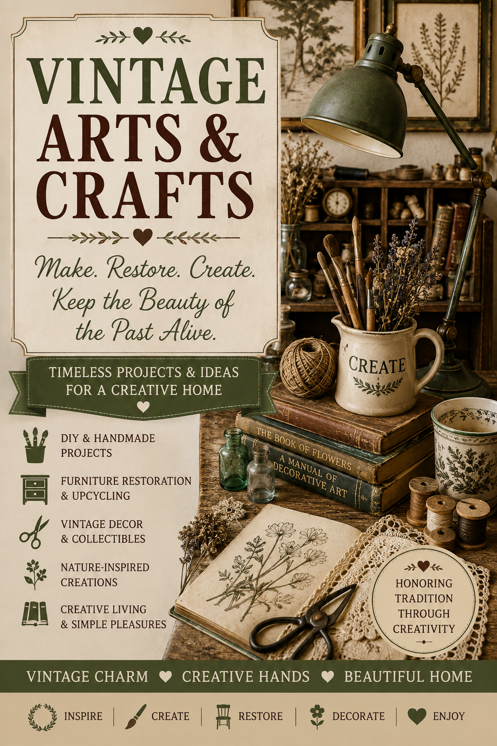 Vintage arts and crafts studio with botanical sketches, antique books, brushes, thread, scissors and handmade décor.