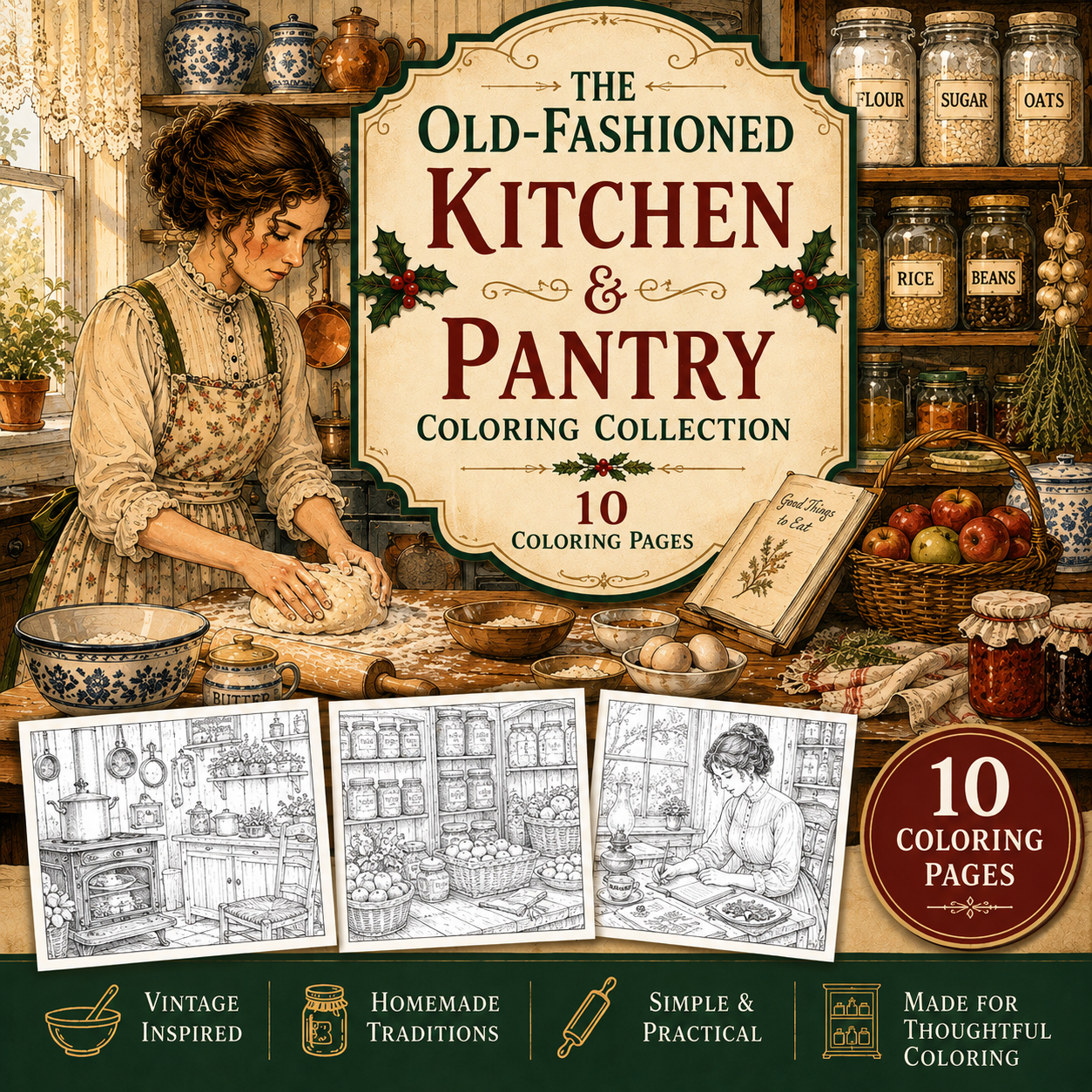 The Old-Fashioned Kitchen and Pantry 10 page printable coloring collection
