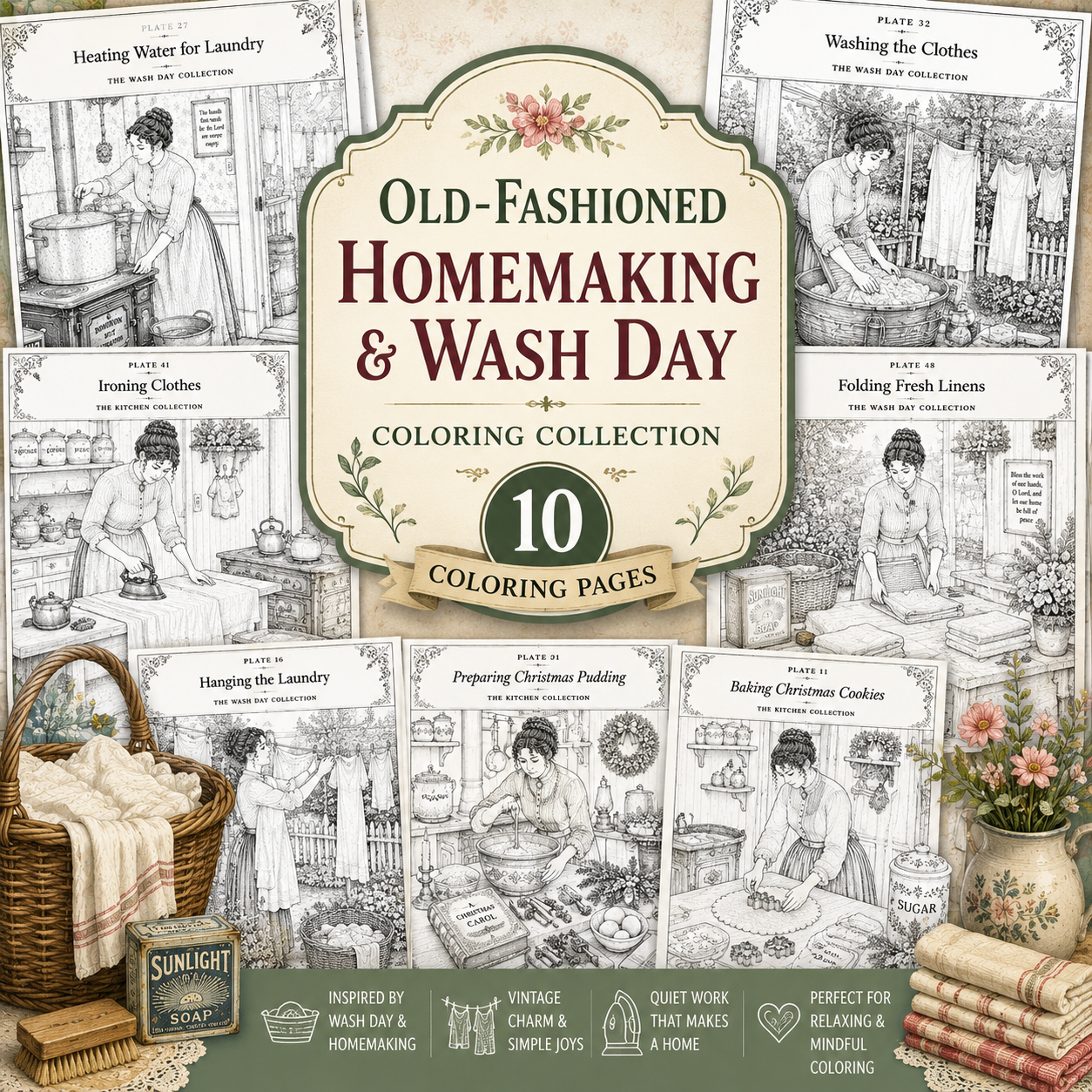 Old-Fashioned Homemaking and Wash Day 10 page printable coloring collection