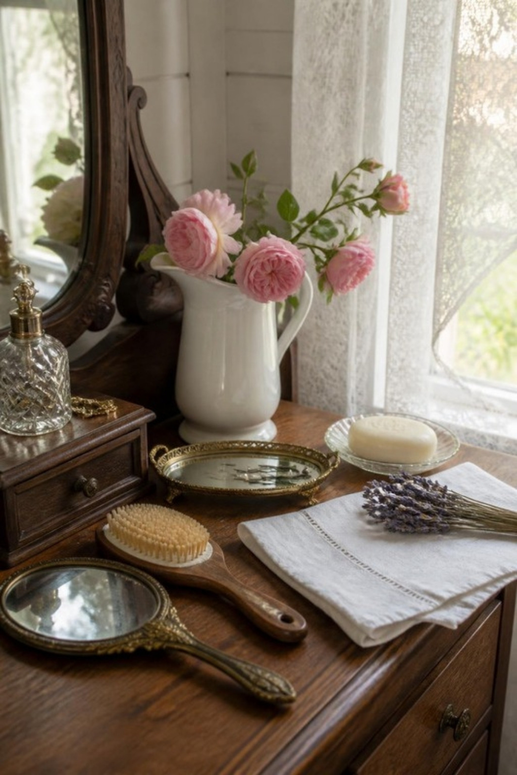 Victorian dressing table by a lace-curtained window with a pitcher of pink roses, brass hand mirror, bristle hairbrush, crystal perfume bottle, mirrored vanity tray, soap, linen towel and dried lavender.
