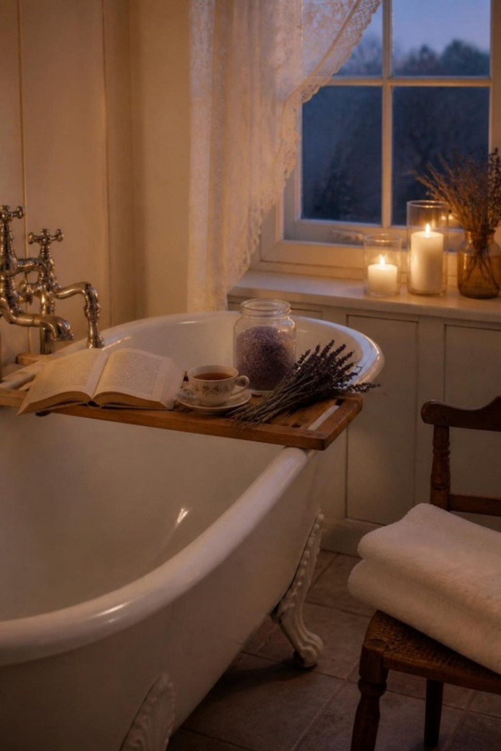 Clawfoot bathtub at dusk with candlelight, a wooden bath tray holding an open book and teacup, a jar of lavender bath salts and folded towels on a wooden chair.