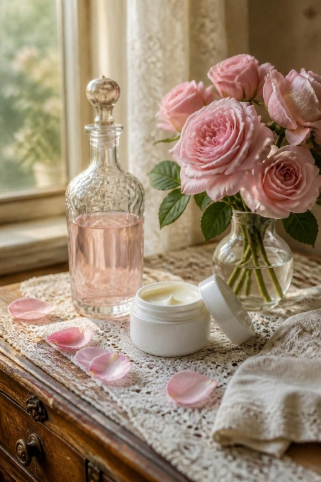 Glass bottle of rosewater, an open jar of hand cream, pink roses and scattered petals on a lace doily by a sunlit window.