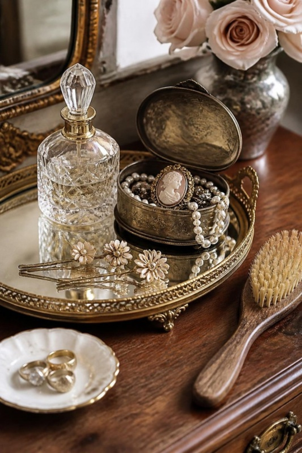 Gilded mirrored vanity tray with a cut-glass perfume bottle, an open jewellery box with pearls and a cameo, flower hair pins, a ring dish and a bristle hairbrush.