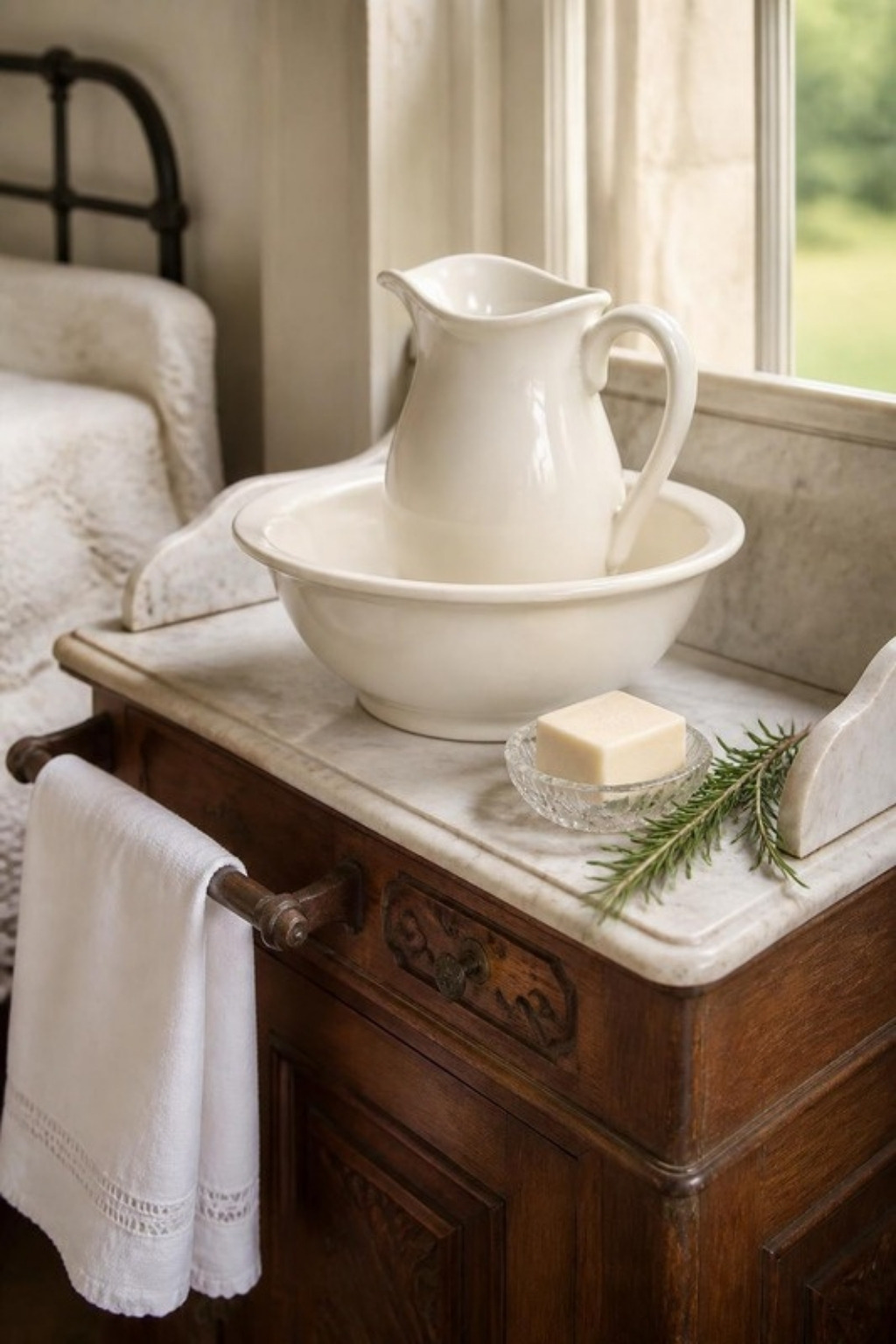 Antique marble-topped washstand with a white ironstone pitcher and basin, a bar of soap on a crystal dish, a sprig of rosemary and a hemstitched linen towel.